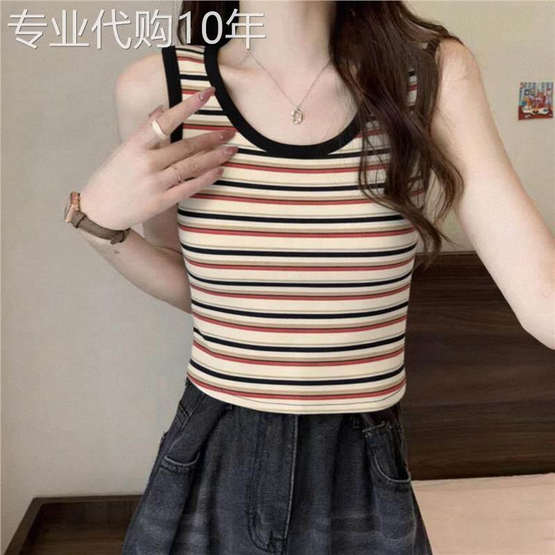 撞色条纹吊带小背心女打底新款夏季外穿显瘦百搭纯棉短款上衣ins