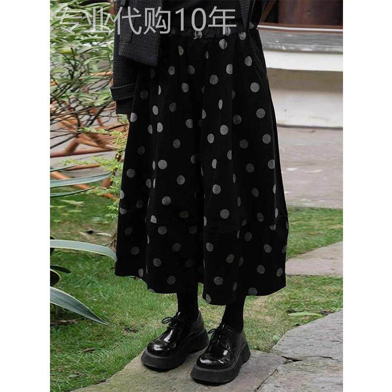 黑色波点灯芯绒半身裙女秋冬欧货覆古时尚高腰显瘦A字中长花苞裙
