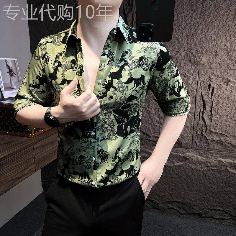冰丝短袖花衬衫男士夏季薄款潮牌痞帅印花高级感修身七分袖衬衣服