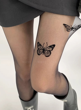 奈丝:大腿蝴蝶结丝袜黑色春秋小众女性感黑丝连裤可爱印花洛丽塔