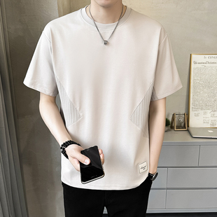 春夏男t恤冰丝棉杏色凉感拼接短袖 微宽松潮0325k 士2026夏季
