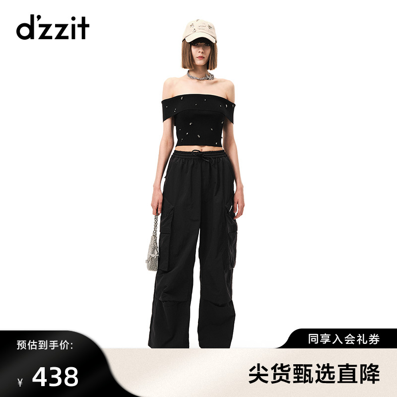 dzzit地素一字肩套头针织衫春秋专柜新款纯欲辣妹短上衣女