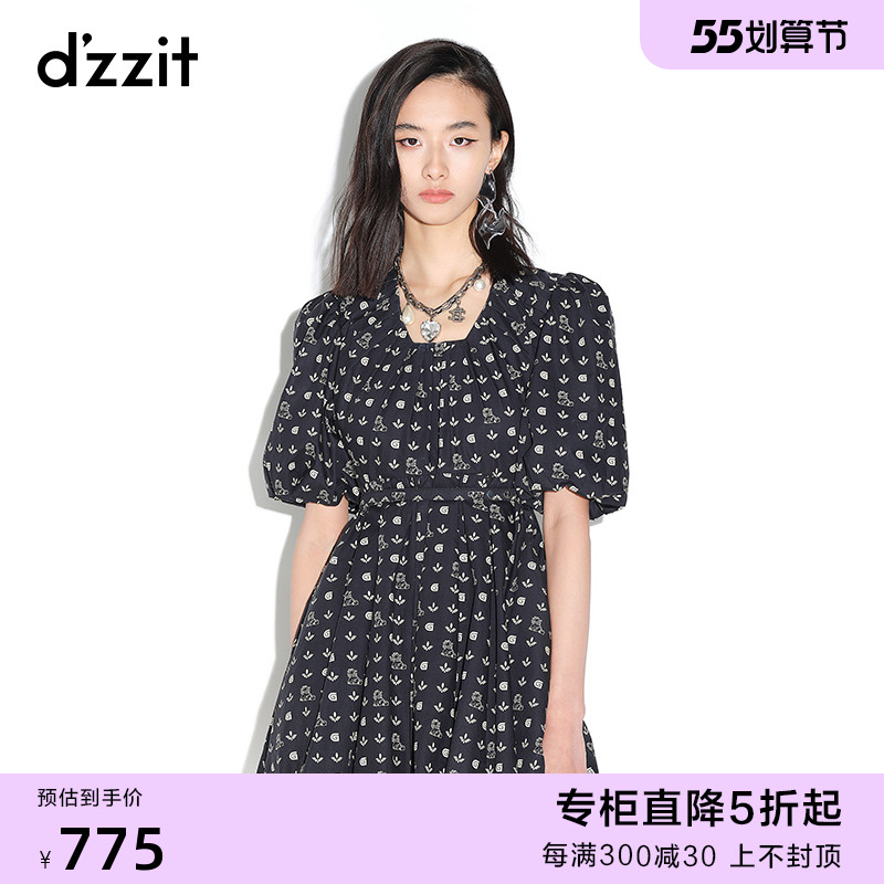 dzzit小地素加菲猫法式泡泡袖连衣裙子女装2022新款a字裙夏高级感