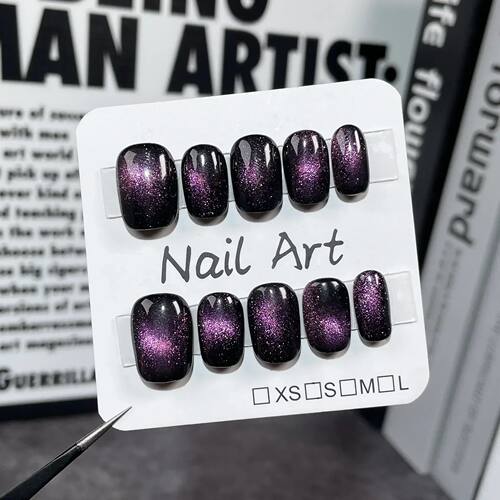 10Pcs Black Handmade Pess On Nails Shot Round Head Cat Eye