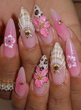 24Pcs Long Fench Almond Fake Nail with 3D Flowe Shell Sta