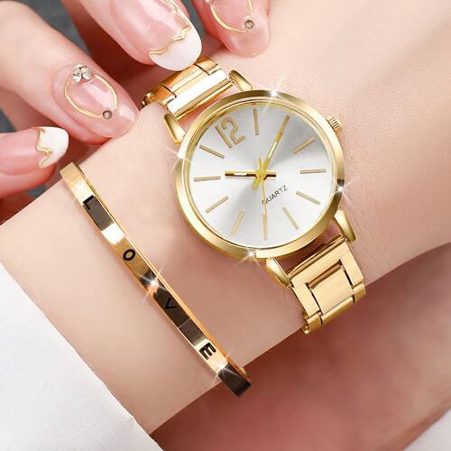 2PCS Women's WatchGold Steel Band Quartz Wristwatch Opening