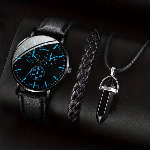 3PCS/Set Men Business Watches Casual Leathe Band Analog