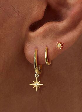 3 PieceStainless Steel Round Star Drop Earrings Set for