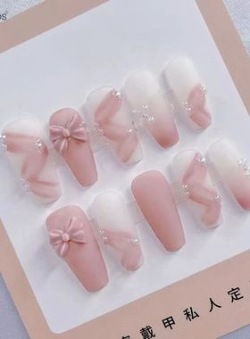 Pink Ballet Pess on Nails Handmade Fake Nails Bowknot