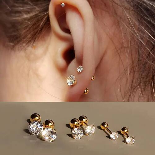 3Pairs Classic Round Cubic Zirconia Stud Earrings For Women