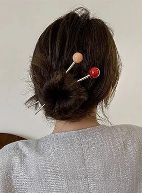 Hallow Women Fashion Hairpin Straight Ball Metal Hair Stick