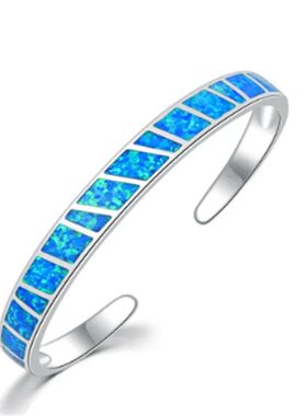 Blue Fire Opal Stone Open Bangles Silver Plated Minimalist