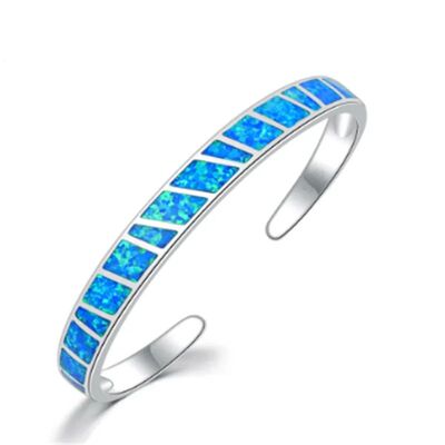 Blue Fire Opal Stone Open Bangles Silver Plated Minimalist