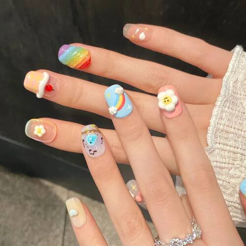 10Pcs Shiny Handmade Pess On Nails Full Cove Coloful Design