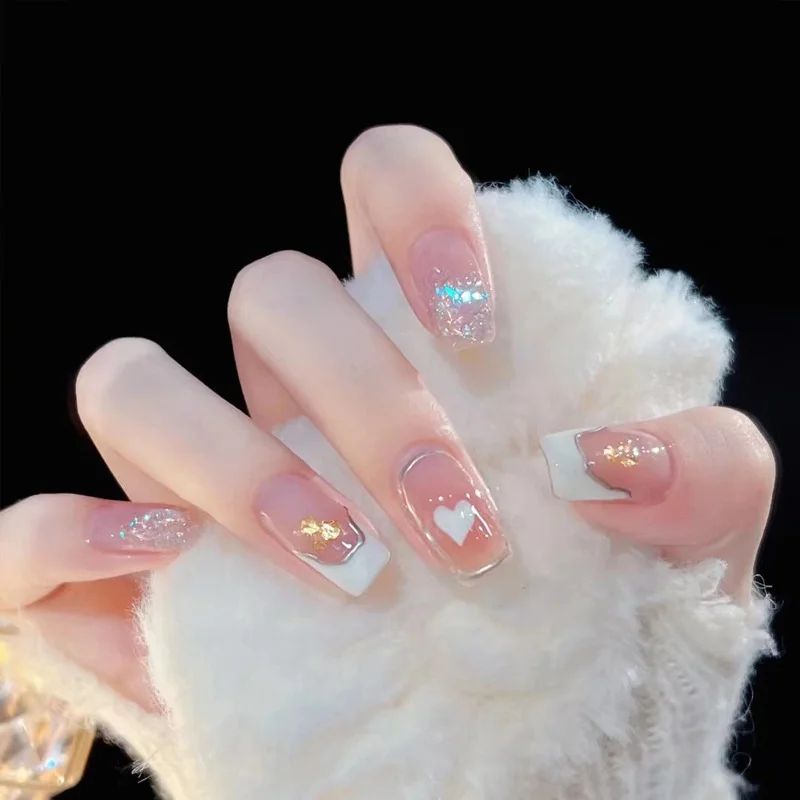 24pcs Love Heat Fake Nail Manicue Glitte Pink Design False