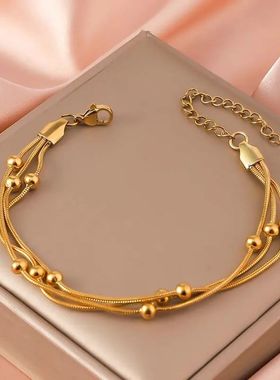 Stainless Steel Gold Color Beaded Round Snake Chain