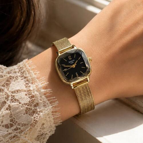 Elegant Gold Mesh Band Women's Watch Fashion Faceted Cystal