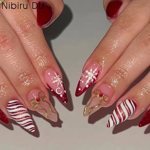 24pcs Red Mey Chistmas Reusable Pess on Nails Fake Nails