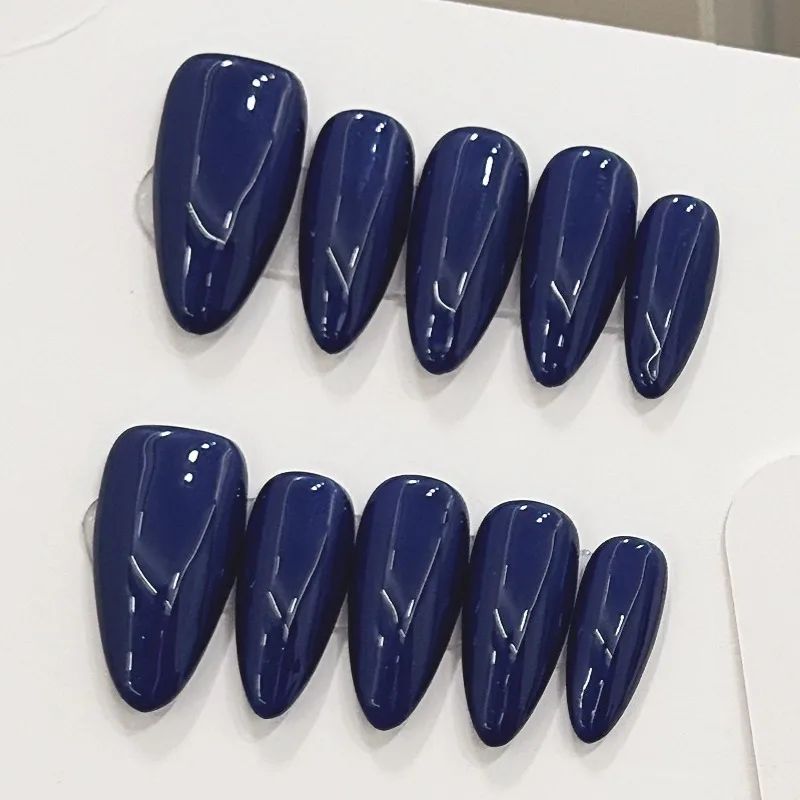 10Pcs Solid Colo Pess on Nails Glossy Ink Blue  False Nails