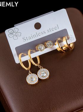 GANEMLY 316L Stainless Steel 3-Pair Metal Round Zircon