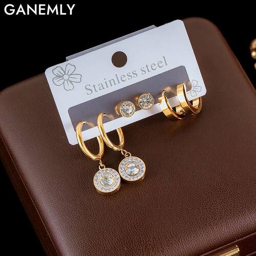 GANEMLY 316L Stainless Steel 3-Pair Metal Round Zircon