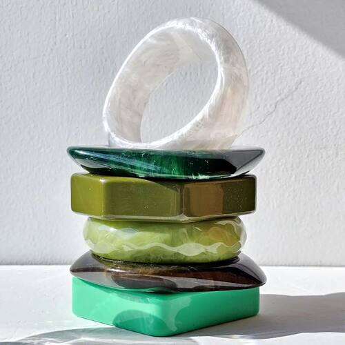 Chunky Irregular Square Round Green Texture Resin Bracelet