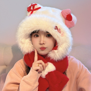 蝴蝶结毛绒帽女秋冬新款防寒保暖帽子围巾一体式显脸小护耳雷锋帽