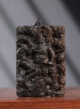 工厂店沉香木雕九龙关公挂饰双面吊坠木质工艺品车载挂件男女饰品