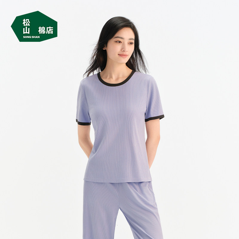 【胡可】松山棉店小薄荷睡衣女士短袖假两件二合一带胸垫情侣预