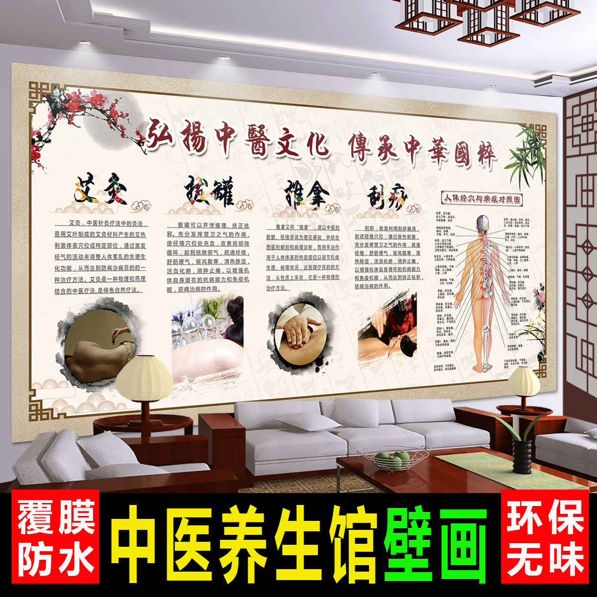 中医养生美容艾灸拔罐刮痧泥灸功效肩颈胸部臀部经络保养海报挂图