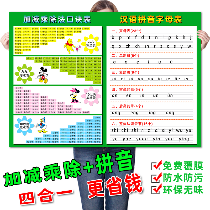 加法减法九九乘法除法口诀表挂图纸拼音字母声母韵母拼读全表墙贴