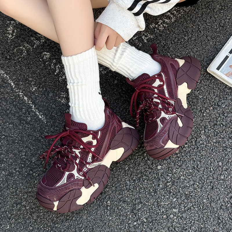 嘉俪多女休闲老爹鞋欧美牛皮网松糕底圆头系带深口2025新款秋冬,女鞋,老爹鞋,淘宝优惠券,粉丝福利购,淘宝优惠卷