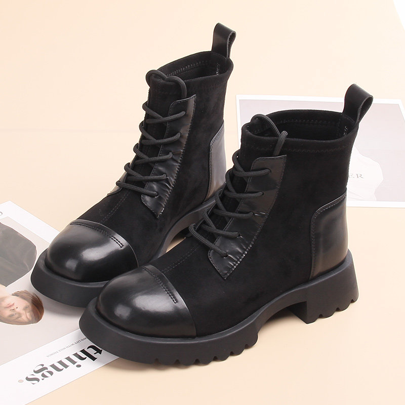 嘉俪多欧美短靴女春季皮里弹力布牛皮拼接粗中跟圆头保暖新款时尚