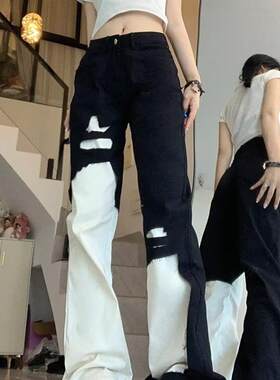 美式高街vibe黑白拼接裤子男女