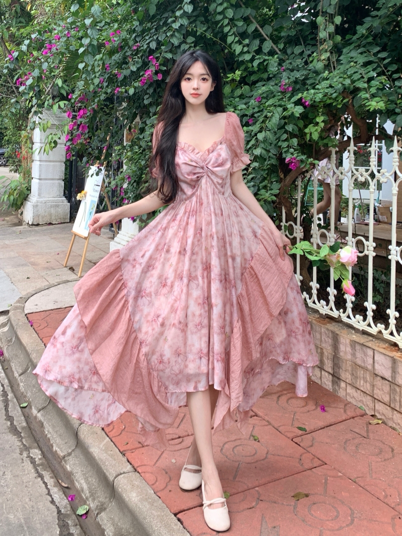 大码女装甜美法式长裙2025夏季新款印花拼接感高腰连衣裙