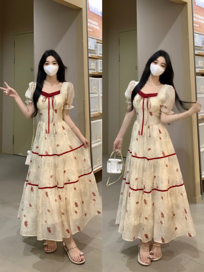 大码女装法式拼色印花连衣裙高级大码连衣裙