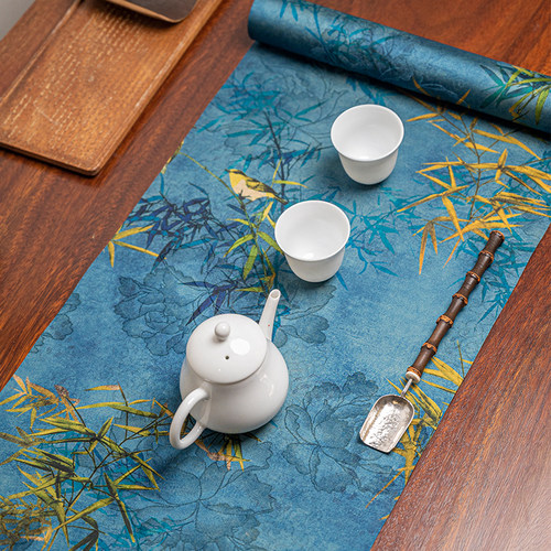 中式竹子花鸟双面防水桌旗茶席布