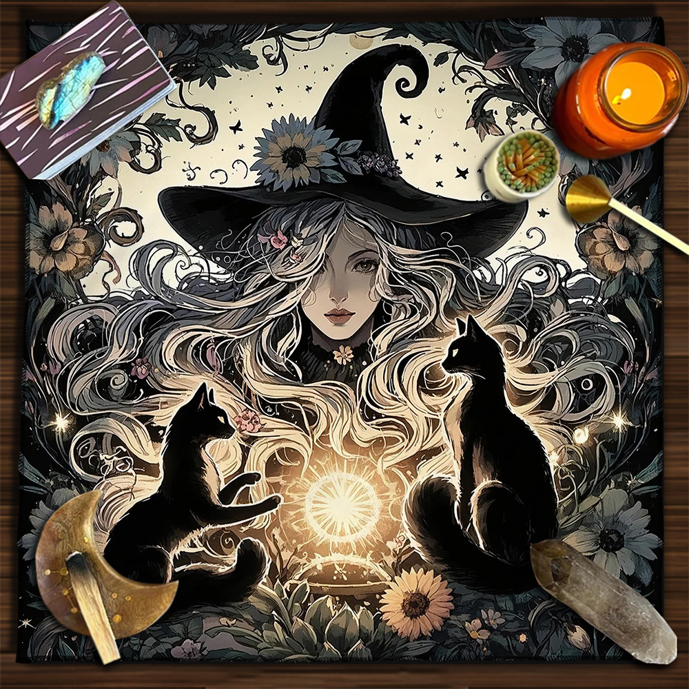 猫咪女巫塔罗牌桌布Tarot绒布能量装饰正方形Tablecloth桌游布垫