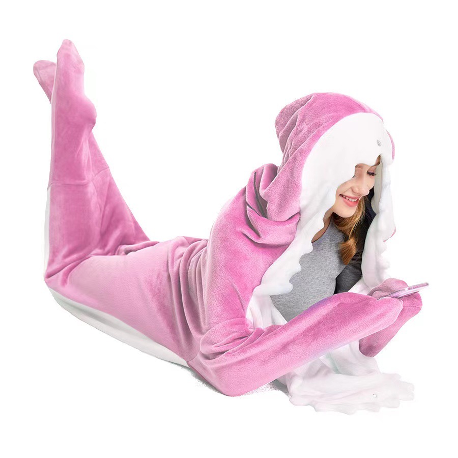 趣味卡通鲨鱼睡袋可穿戴成人连帽衫法兰绒刷剧宽松连体睡衣睡袍