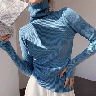 立旭堆堆高领加厚套指毛衣女2024秋冬新款针织打底衫洋气百搭长袖