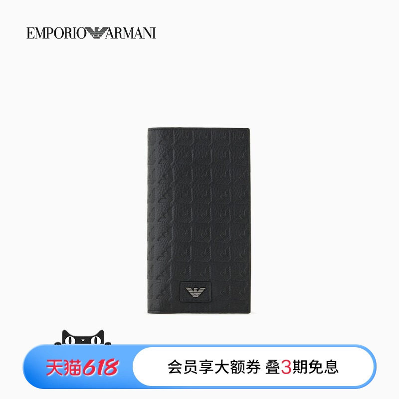 EMPORIO ARMANI/阿玛尼男士牛皮革对折竖款鹰标压花手拿钱包卡包