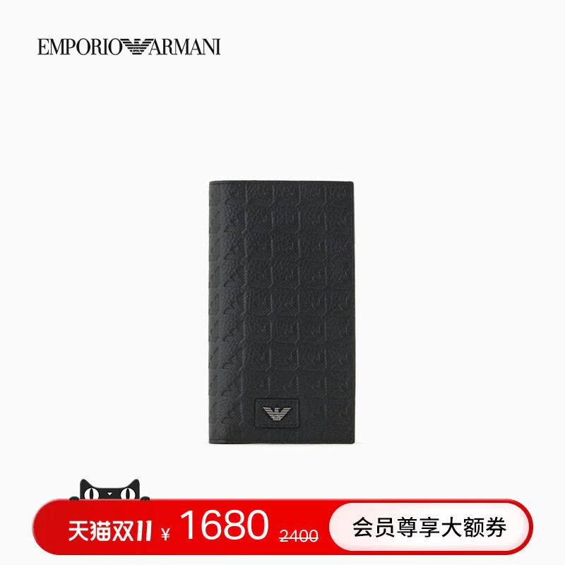EMPORIO ARMANI/阿玛尼男士犊牛对折竖款鹰标牛皮革手拿钱包卡包