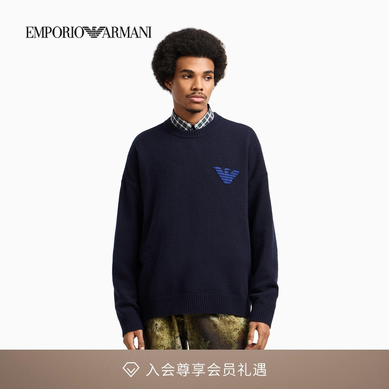 阿玛尼男士绵羊毛圆领刺绣针织衫