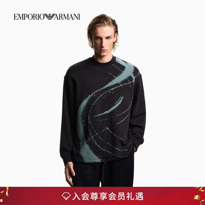 阿玛尼男士纯棉毛圈圆领植绒卫衣