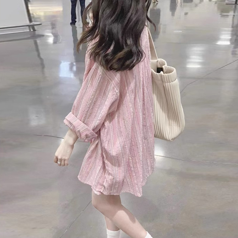 粉色条纹衬衫外套女夏季2025新款轻奢上衣外搭衬衫女款防晒衣罩衫