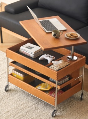 几宿家具 可移动升降茶几客厅沙发边几中古实木小户型收纳小推车