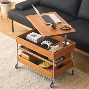 几宿家具 可移动升降茶几客厅沙发边几中古实木小户型收纳小推车