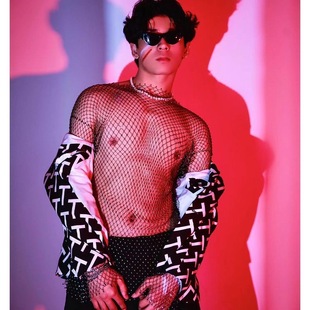 闪钻性感男士T恤辣弟长袖上衣夜场渔网透视百搭烫钻网格修身演出