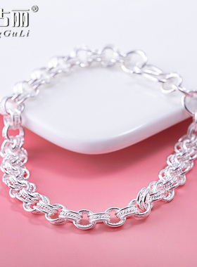 纯银手链女S990足银三圈多层扣环手链粗圆圈圈银手链o字链送女友