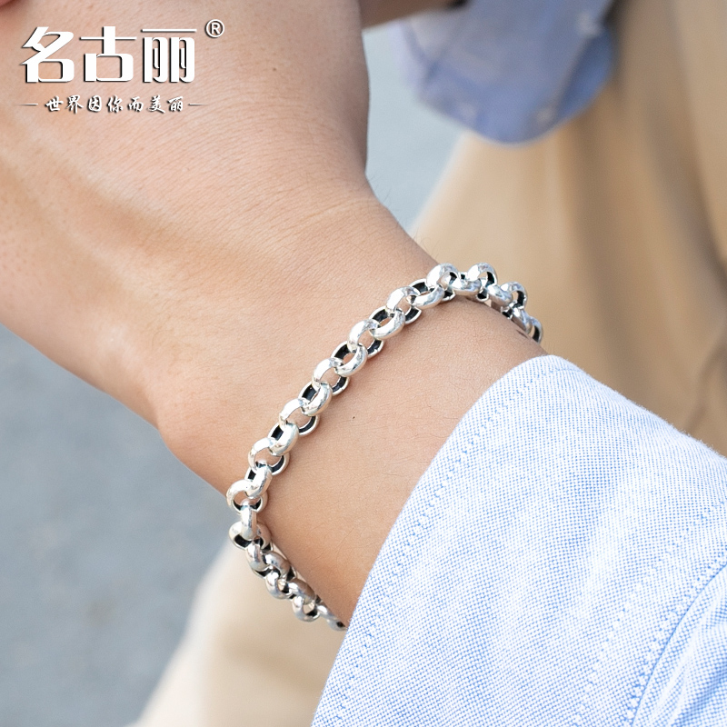 S925银手链男士粗款泰银O型圆圈圈韩版潮时尚女复古O字形简约学生